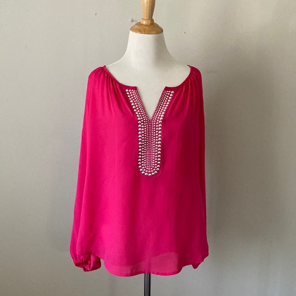 Hot Pink Alfani Top Blouse with Siver Studs Balloon Sleeves Sz 8 - Picture 1 of 6